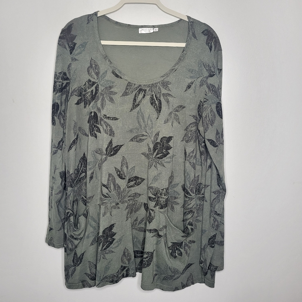 PRAIRIE COTTON Green Floral 3/4 Sleeve Boho Cottagecore Tunic Knit Top Sz Large